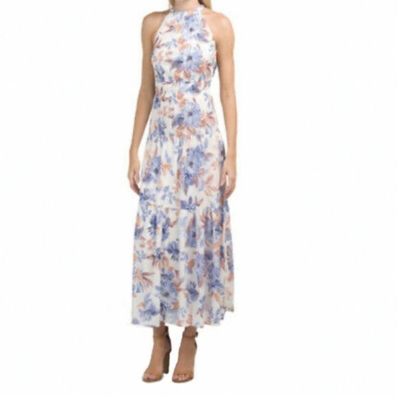 NWT JAPNA | Sleeveless Open-Back Halter Floral Maxi Dress | Sz M - Picture 1 of 10